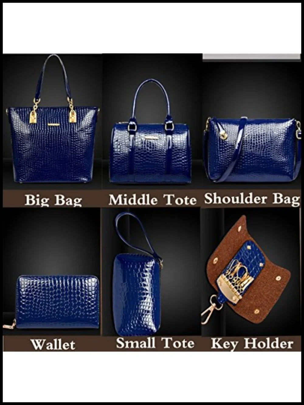 6 Pc Handbag Set Clutches Totes Satchels Crossbody Wallet Polyester PU Leather